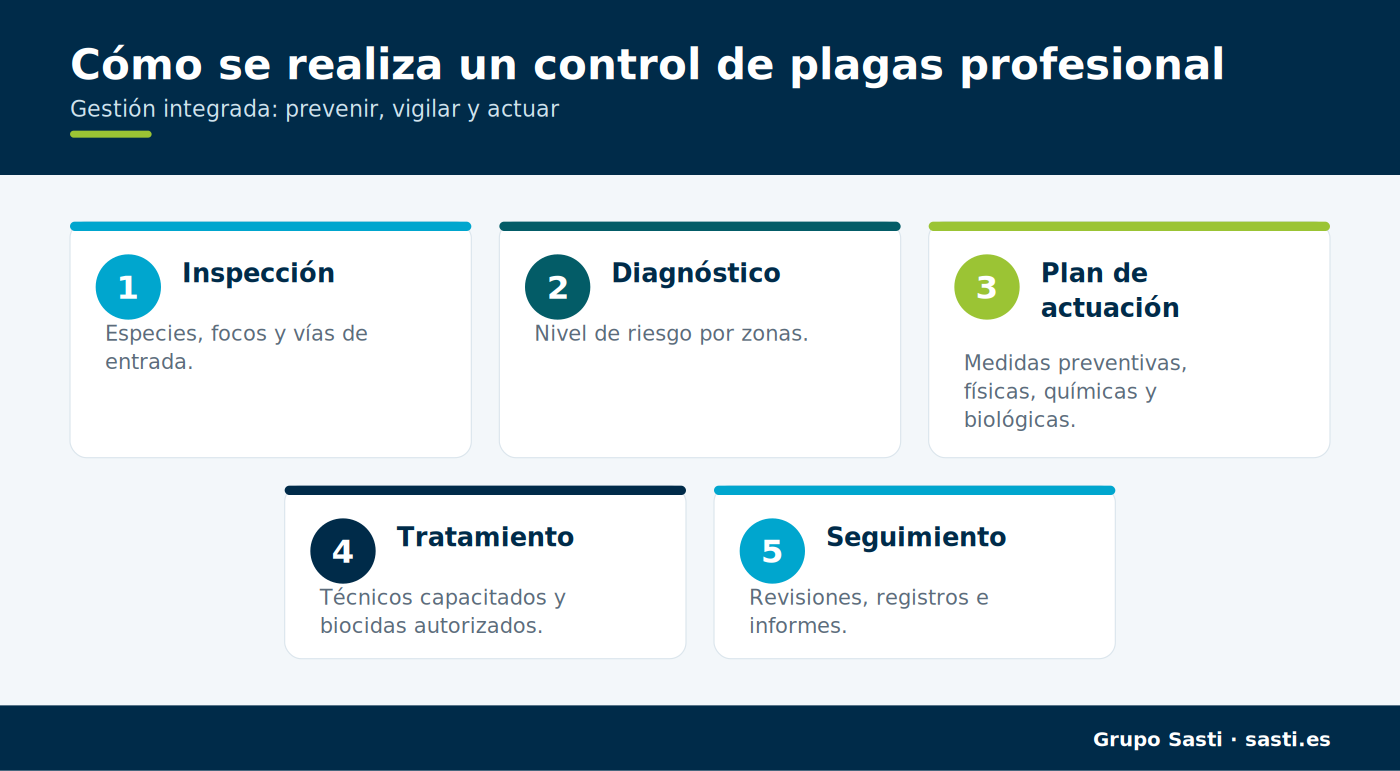 Infografía con las fases y métodos del control de plagas profesional