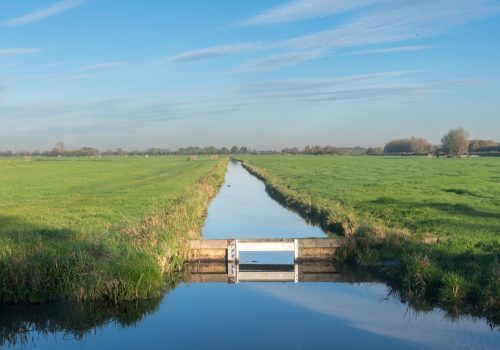Canal de drenaje agrícola en un paisaje rural